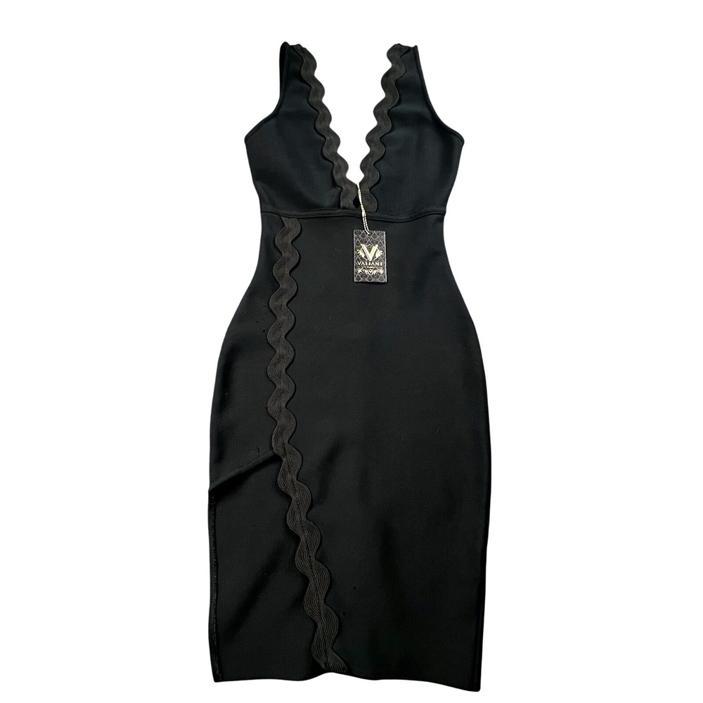 VALIANT PARIS Black Bandage Bodycon Dress S Scallop Trim‎ V-Neck MSRP $259